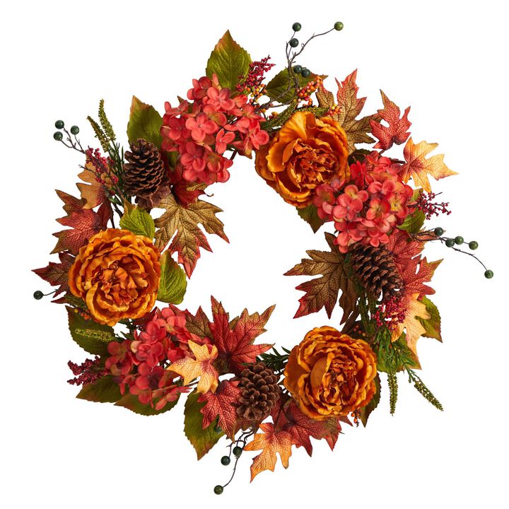 Nearly Natural 25-in Fall Ranunculus, Hydrangea and Berries Autumn Artificial Wreath