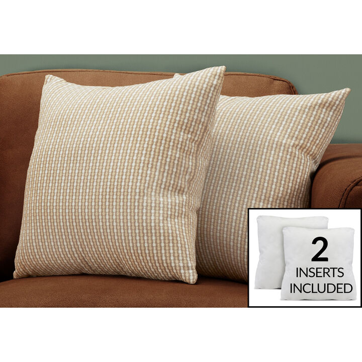 Monarch Specialties I 9229 Pillows, Set Of 2, 18 X 18 Square, Insert Included, Decorative Throw, Accent, Sofa, Couch, Bedroom, Polyester, Hypoallergenic, Brown, Modern