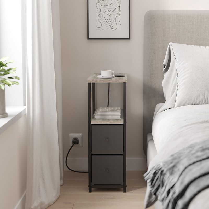 TUTOTAK Small Narrow LED End Table with Charging Station, Side Table Outlets, Nightstand with 2 Cloth Drawers, Set of 2, Couch T