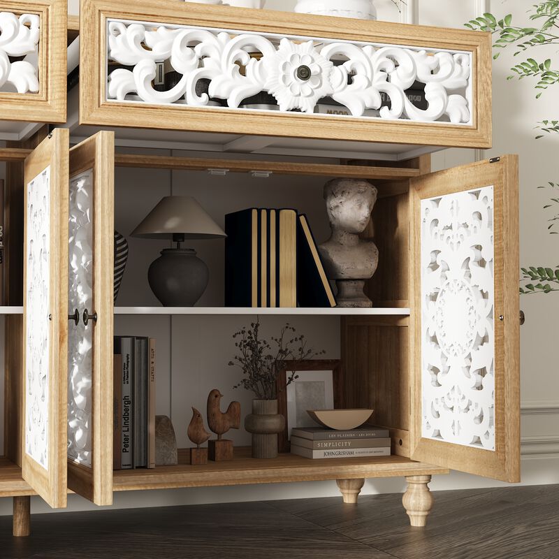 FUFU&GAGA Vintage Style Storage Cabinet with White Hollowed-Out Carved Drawers and Doors, Matching Wall Panel Frame, Painted and Clear Finish with Antique Hardware, (59.1 in. W x 15.7 in. D x 35.4 in. H), Wood and White