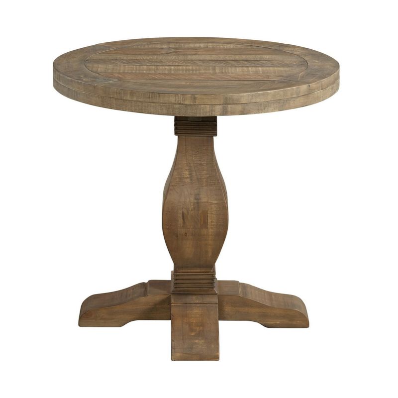 26 Inch Round End Table with Pedestal Base, Brown-Benzara