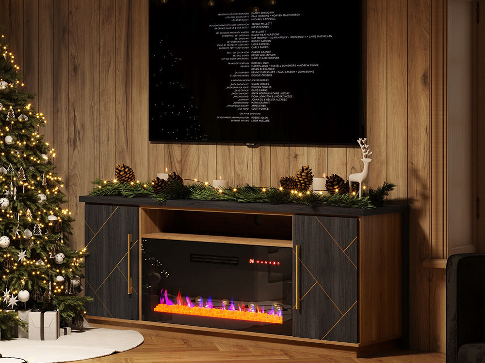 BELLEZE 68 Inch Electric Fireplace TV Stand With Gold Grim