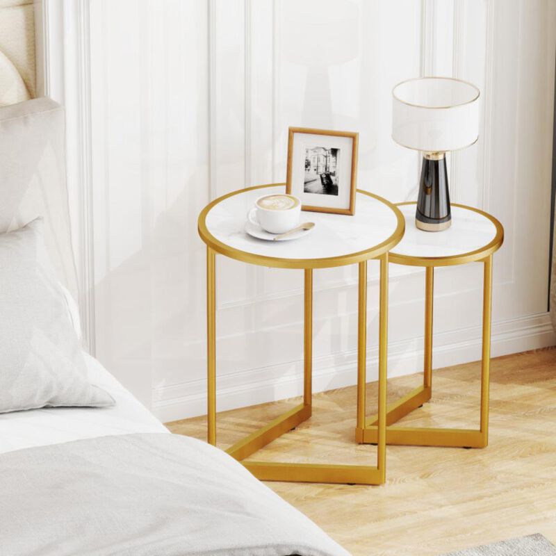 Hivvago Round Nesting Table Set of 2 with Marble-like Tabletop-White