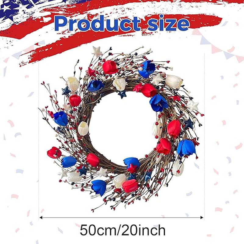 Patriotic Tulip Wreath with Berries and Star Accents for Seasonal Door Decor image number 2
