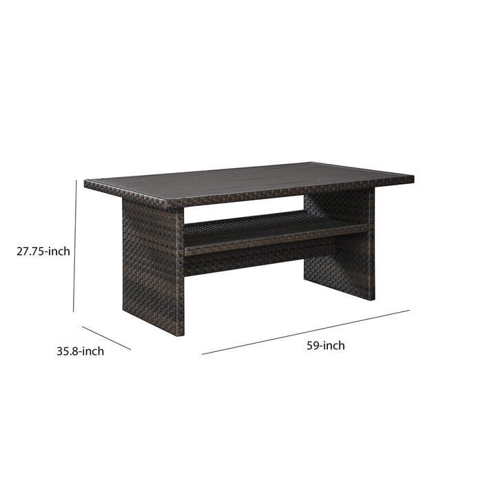 Rectangular Wicker Woven Aluminum Frame Table with Open Shelf, Dark Brown - Benzara