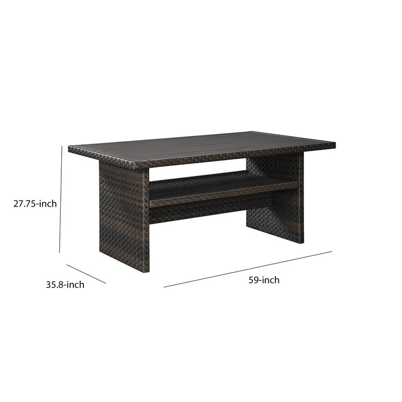 Rectangular Wicker Woven Aluminum Frame Table with Open Shelf, Dark Brown - Benzara