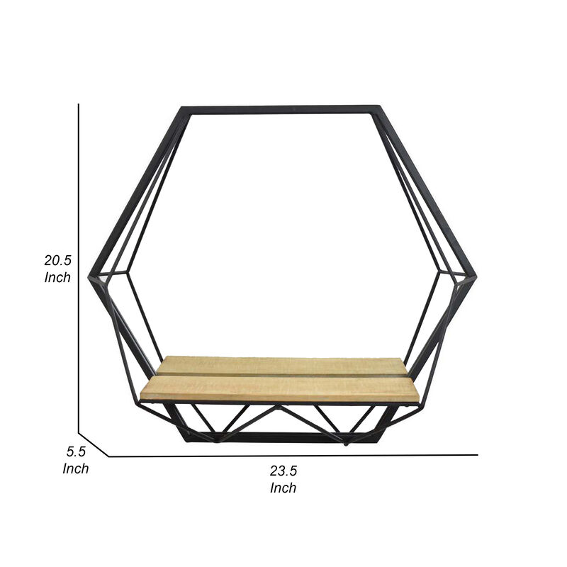 24 Inch Wall Mirror with Shelf, Hexagon Shaped, Metal, Black Finish - Benzara