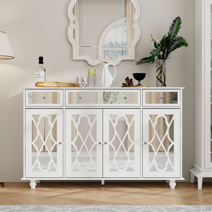 White Paint 4 Doors Mirrored Buffet Cabinet Sideboard With 3 Mirror Drawers and Adjustable Shelves for Kitchen Dining