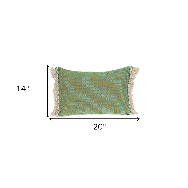 HomeRoots 14" X 20" Green And Beige Cotton Lumbar Throw Pillow with Embroidery and Fringe image number 4