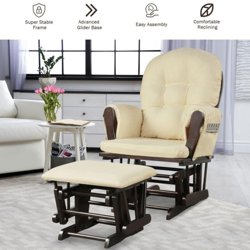 Hivvago Wood Glider and Ottoman Set with Padded Armrests and Detachable Cushion