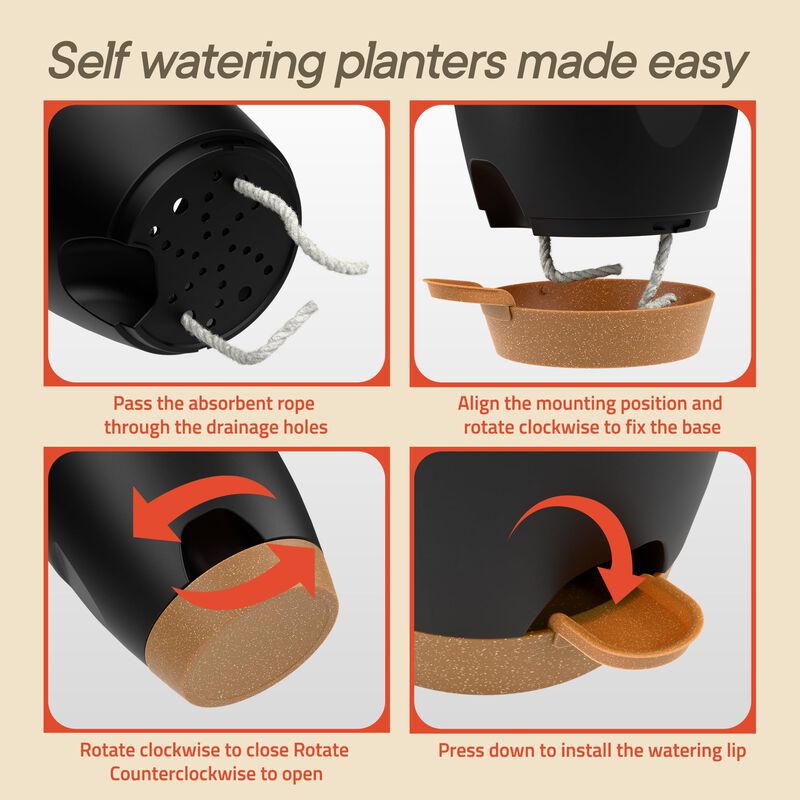 20-pack black self-watering plant pots with wick rope, drainage holes, and easy watering lip. Lightweight plastic design ideal for succulents, herbs, and houseplants indoors or outdoors. image number 6