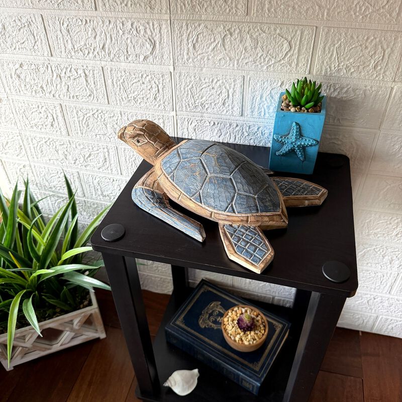 Sea Turtle Statue Hand Carved Wood Blue Coastal Decor 12in Tabletop Art image number 7
