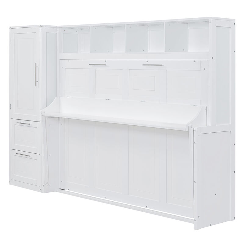 Whisen Modern Design Full Size Murphy Bed Wall Bed with Closet and Drawers - White