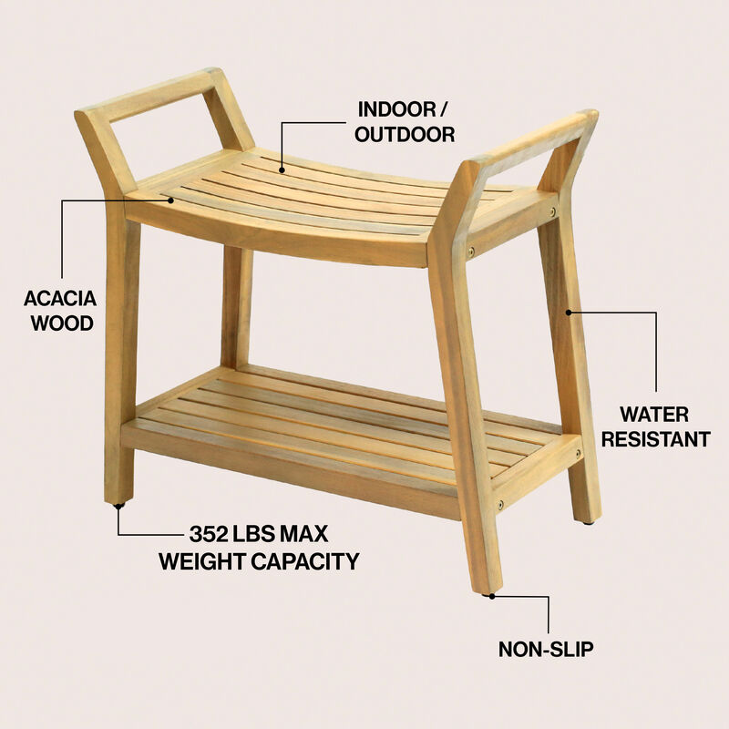 Orla 25.6" Modern Classic Slatted Solid Acacia Wood Indoor/Outdoor Shower Bench with Shelf and Handle image number 3