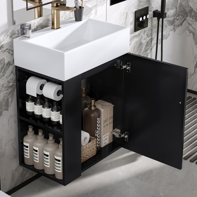 ELEMENT ACE Compact 20-Inch Bathroom Vanity with Diamond Pattern Door Design and Side Storage Shelves for Small Space Organization image number 3