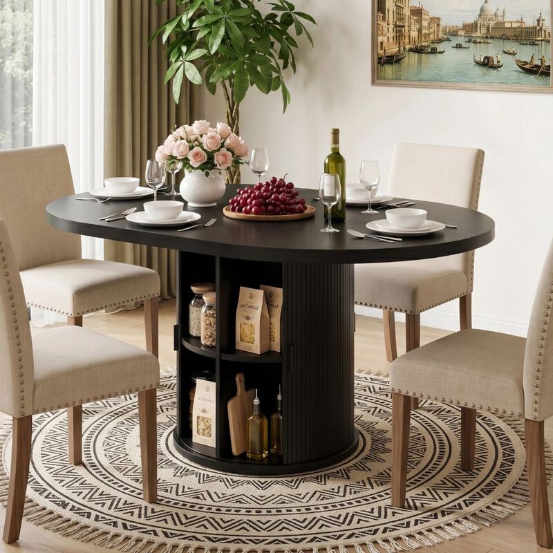 Vipbear 43" to 59" Extendable Round Dining Table, Solid Wood Top with Storage Cabinet, Kitchen image number 8