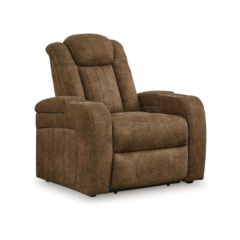 Alexy Power Recliner Chair, Cupholder, USB Port, Brown Faux Leather - Benzara