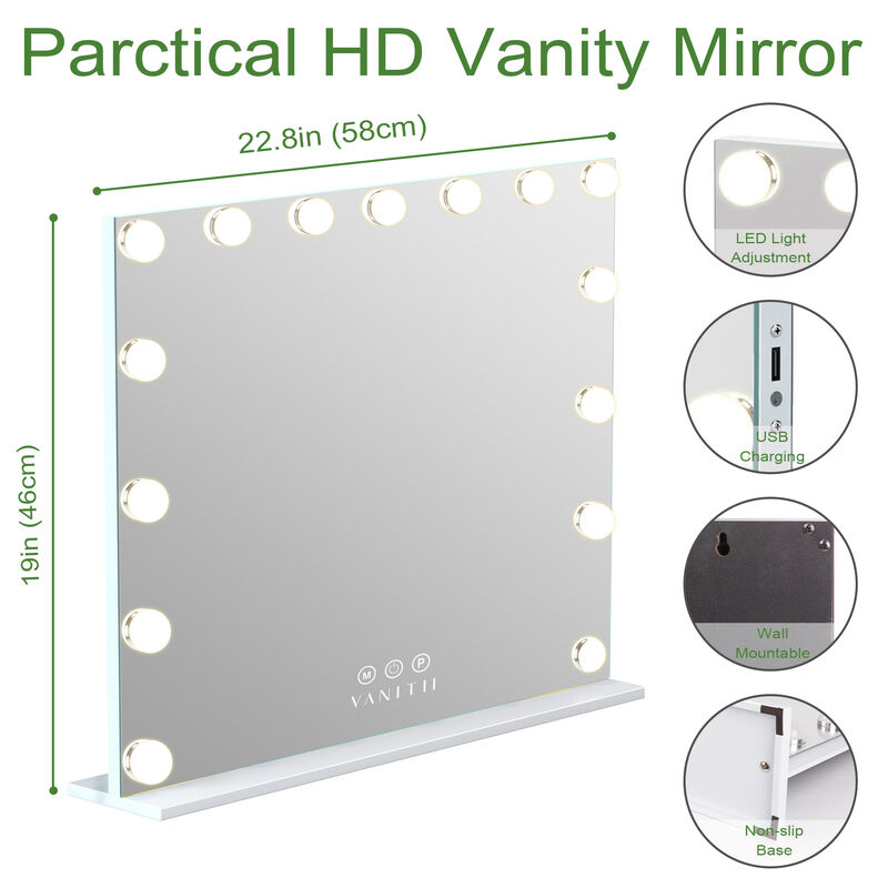 23''x19''  Hollywood Makeup Vanity Mirror 15 LED Bulbs USB Port White