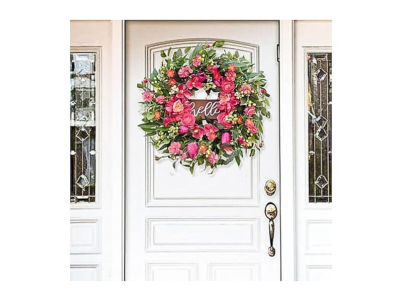 Spring Wreaths Front Door 24 Inch Hello Sign Artificial Summer Wreath Pink Peony image number 1