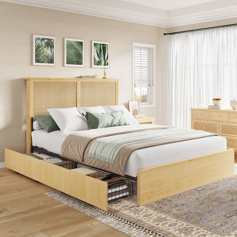 Modern Farmhouse Rattan Platform Bed Frame with Under‑Bed Storage Drawers, Noise‑Free Wooden Slats, No Box Spring Required image number 1