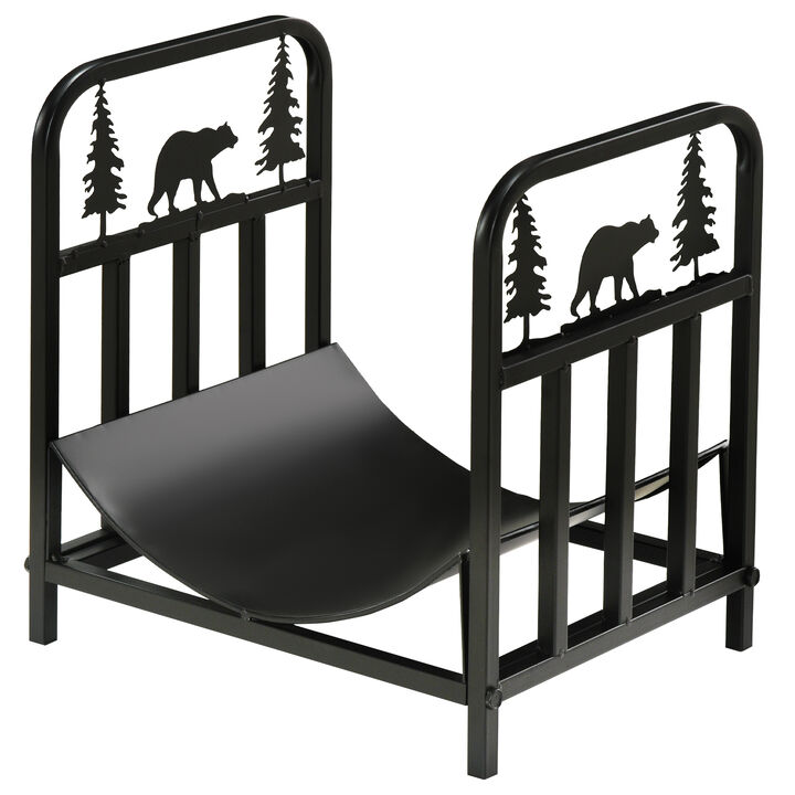 Outsunny Firewood Rack, Indoor Outdoor Firewood Holder, Curved Bottom with Bear and Tree Theme for Fireplace, Wood Stove, Hearth or Fire Pit, Black