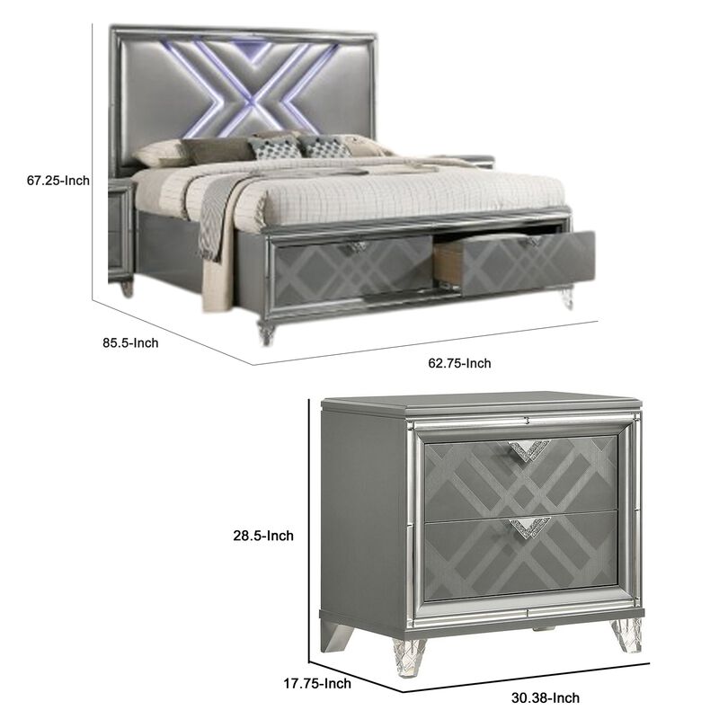 Queen Bedroom Set, Gray, Silver Wood, 3 Piece Set with 2 Nightstands image number 7