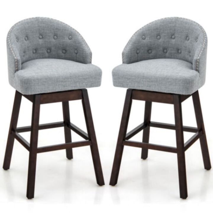 Set of 2 Swivel Bar Stools with Rubber Wood Legs and Padded Back - Grey