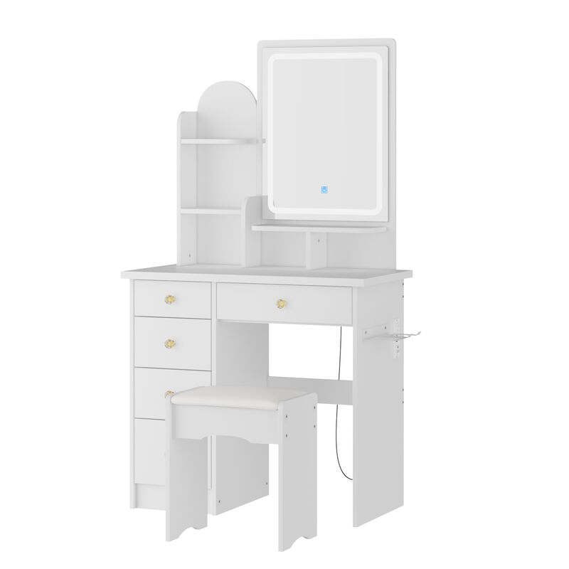 5-Drawers White Makeup Vanity Sets Dressing Table Sets With Stool, LED Lighted Mirror, Power Strip and Hair Dryer Holder