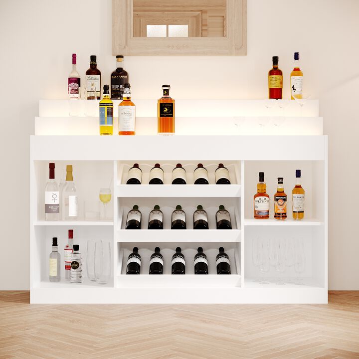 FUFU&GAGA Modern Stepped-Top Wine Cabinet with Tilted Bottle Rack, Wave Light Effect with Adjustable Brightness, 4mm Tempered Glass, (56.3 in. W x 15.7 in. D x 39.4 in. H), White