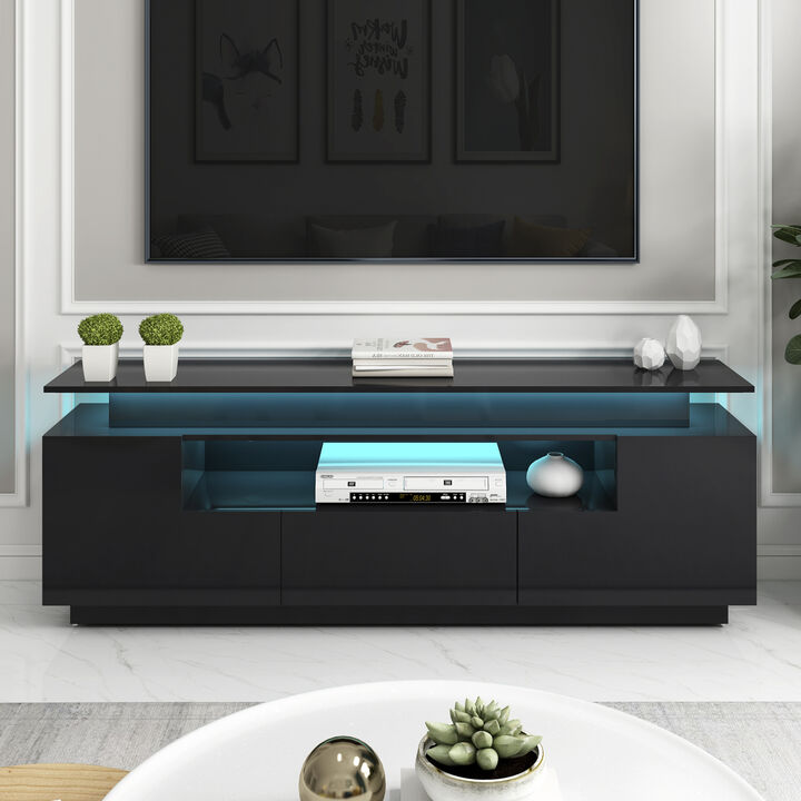 ON-TREND Modern, Stylish Functional TV stand with Color Changing LED Lights, Universal Entertainment Center, High Gloss TV Cabinet for 75+ inch TV