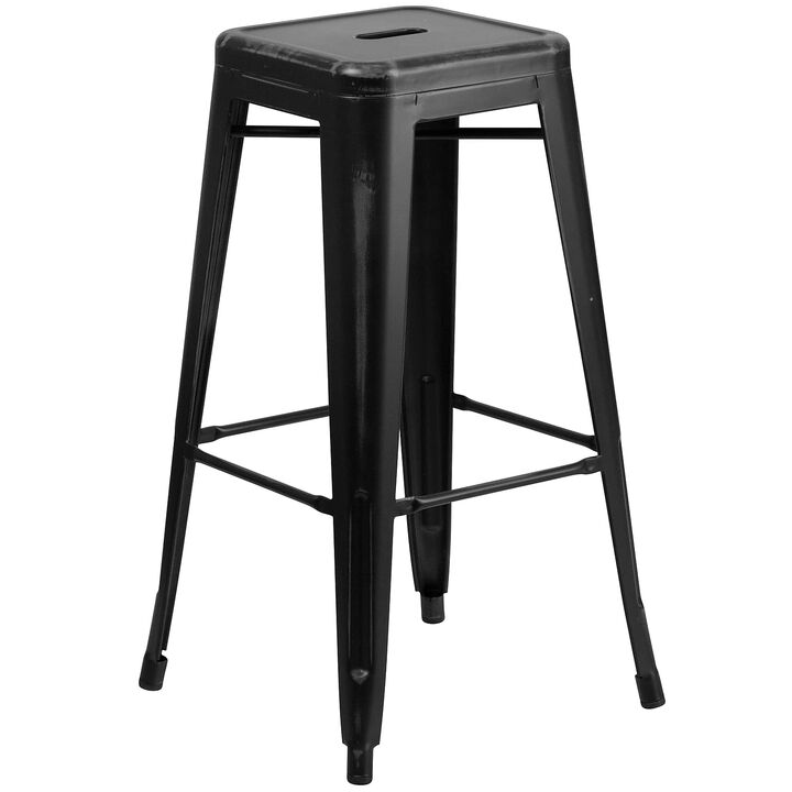Flash Furniture Kai Commercial Grade 30" High Backless Distressed Black Metal Indoor-Outdoor Barstool