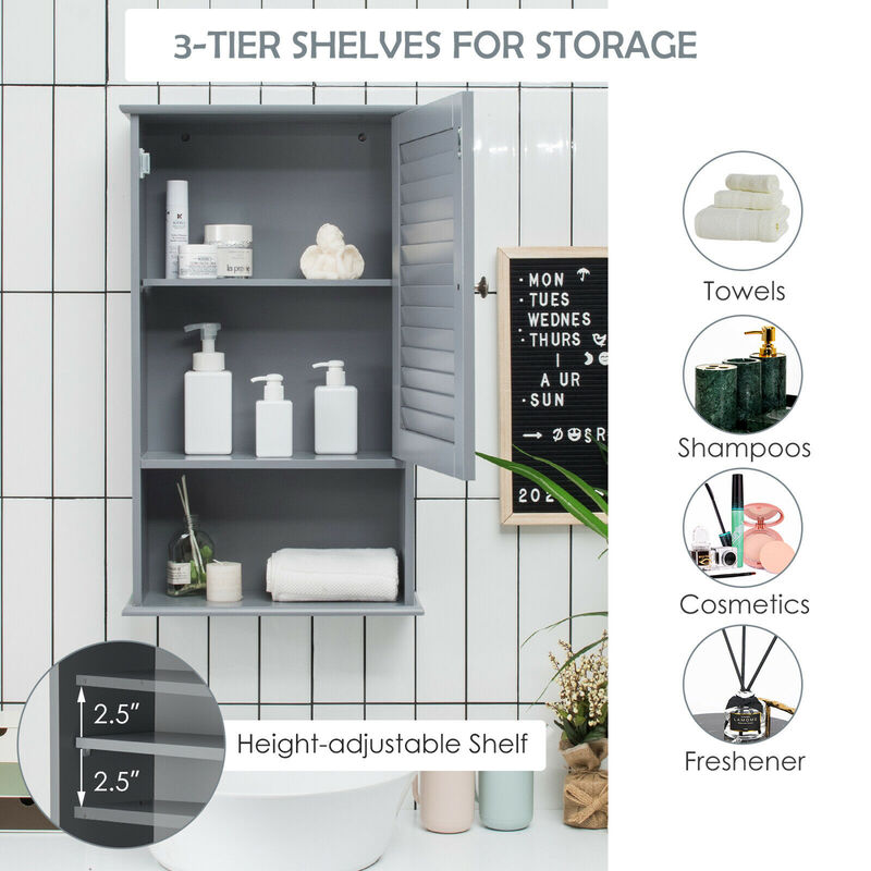 Costway Bathroom Wall Mount Storage Cabinet Single Door w/Height Adjustable Shelf Grey