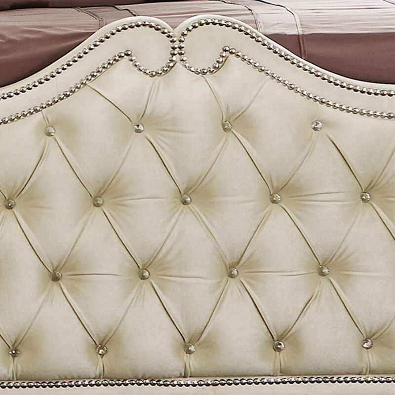 Lino Wood King Bed, Opulent Tufted Velvet Upholstery, French Carved, Ivory - Benzara
