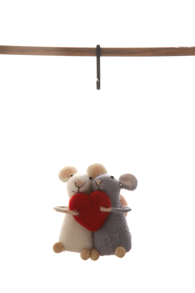 Wool Felt Mice Holding Red Heart Ornament image number 0