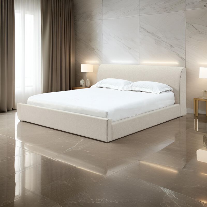 Reza Queen Size Platform Bed, Sleigh Headboard, Low Profile, Beige Linen - Benzara