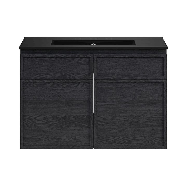 30" Wall-Mounted Bathroom Vanity in Black Oak, Black 3-Hole Widespread Sink Top