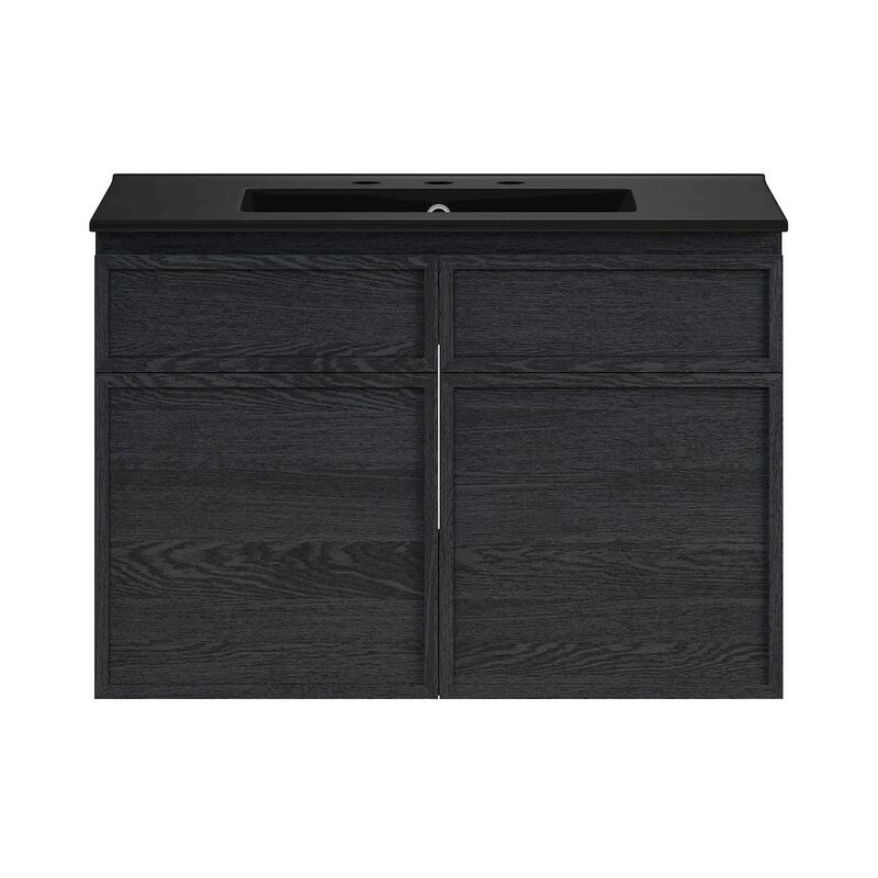 30" Wall-Mounted Bathroom Vanity in Black Oak, Black 3-Hole Widespread Sink Top image number 0