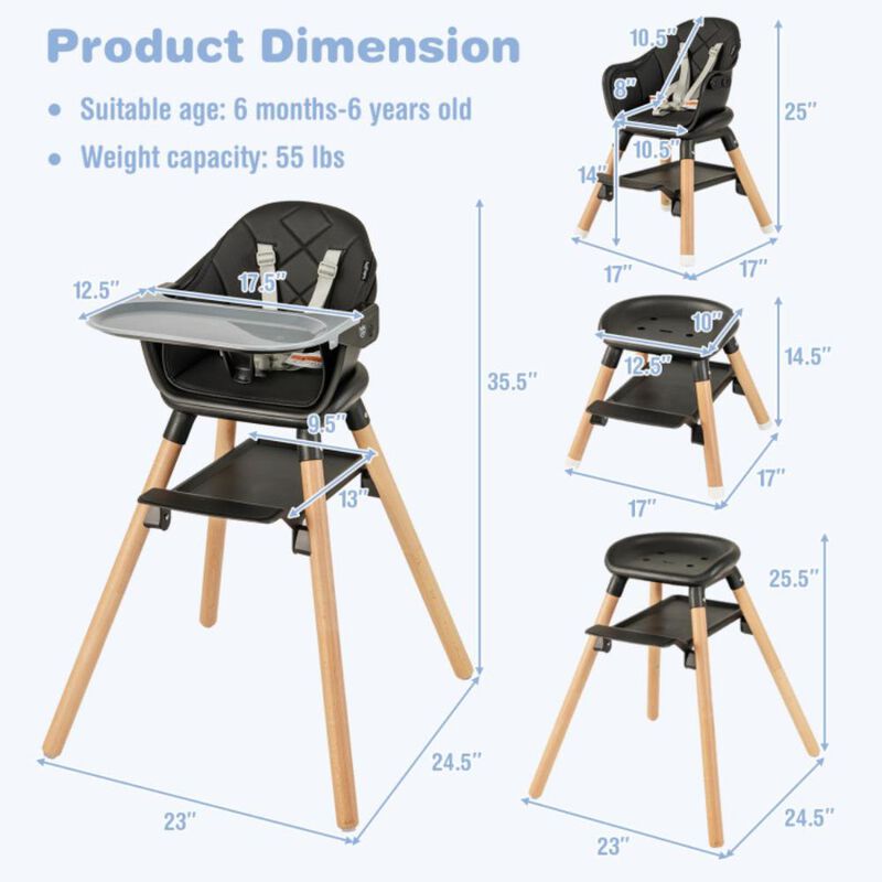 Hivvago 6 in 1 Convertible Highchair with Safety Harness and Removable Tray