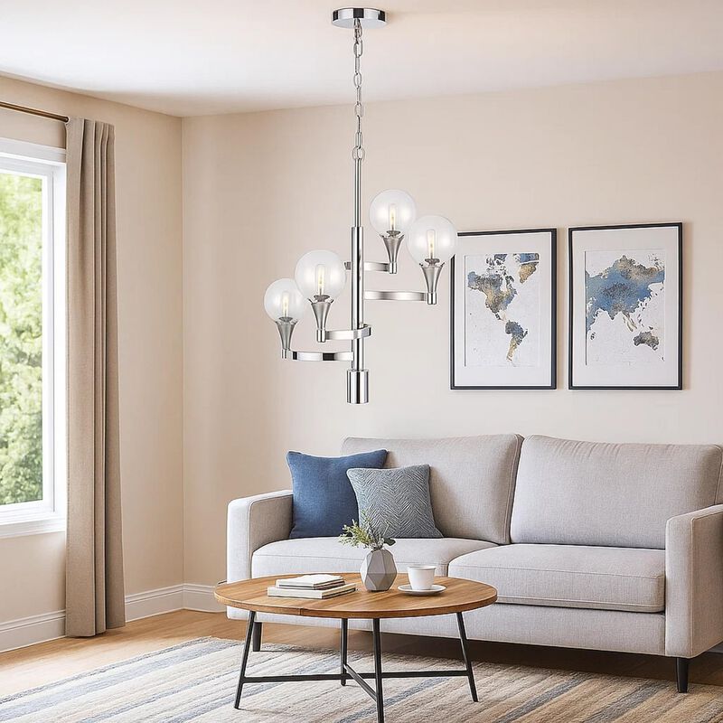 Chandelier with 4 Globe Glass Shades and Cone Design Holders, Chrome - Benzara image number 8