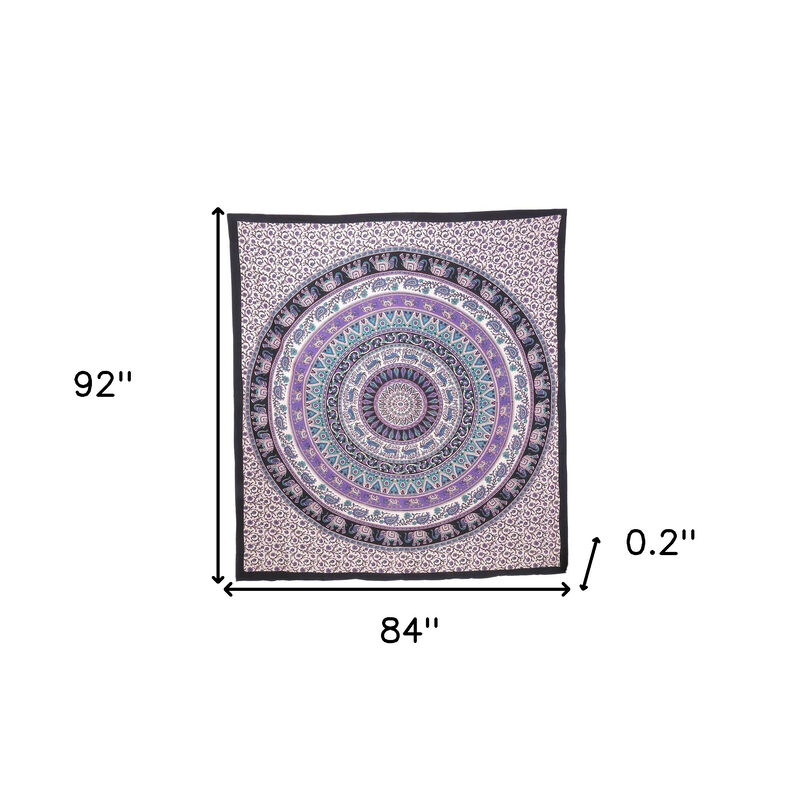 HomeRoots 92" X 84" Purple Black And White Mandala Cotton Hanging Tapestry image number 3