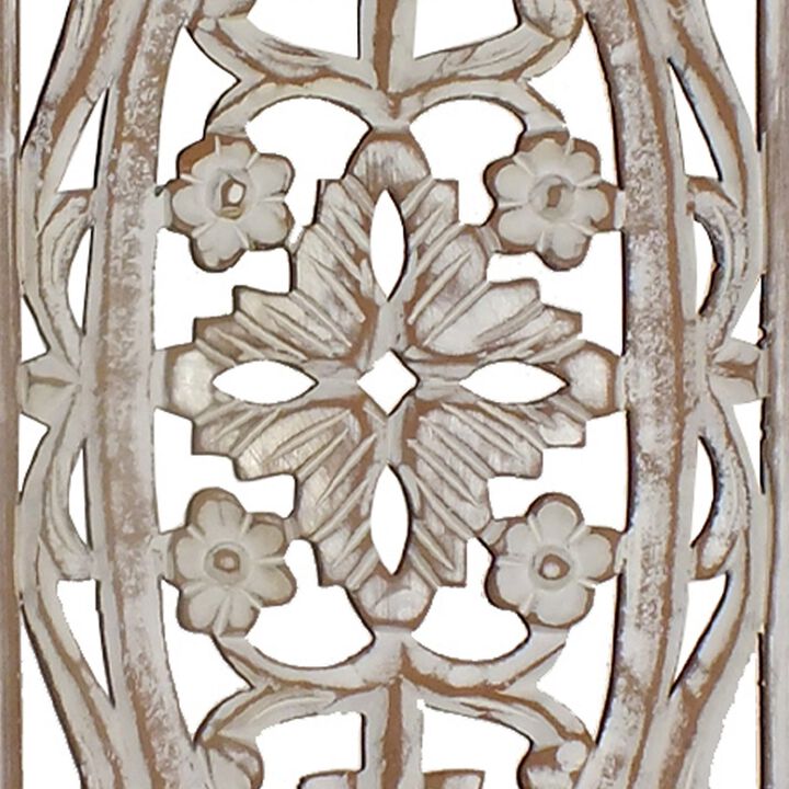 Rectangular Mango Wood Wall Panel Hand Crafted With Intricate Carving, White and Brown-Benzara