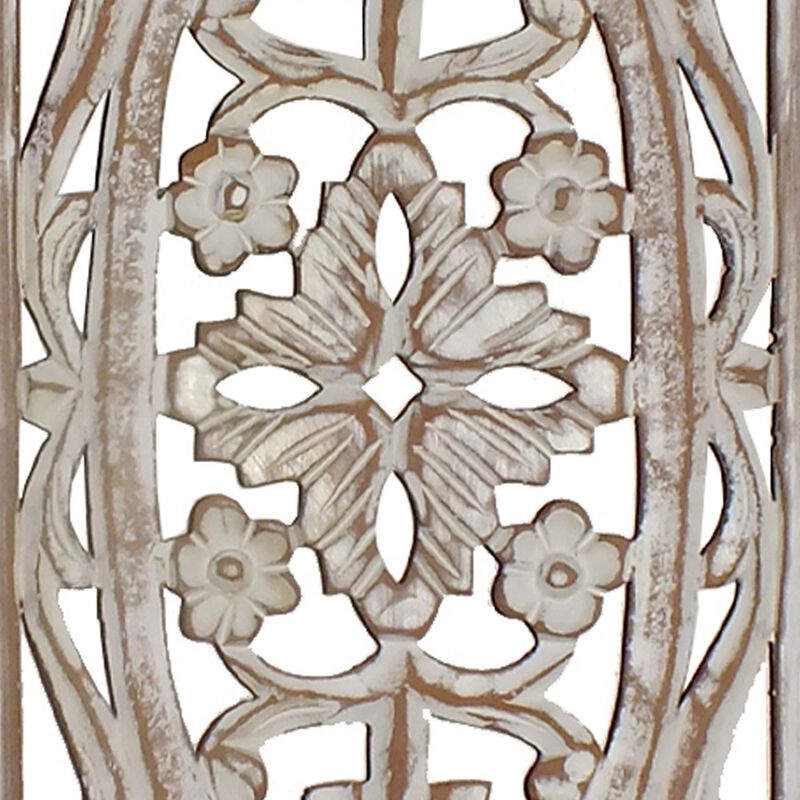 Rectangular Mango Wood Wall Panel Hand Crafted With Intricate Carving, White and Brown-Benzara image number 1