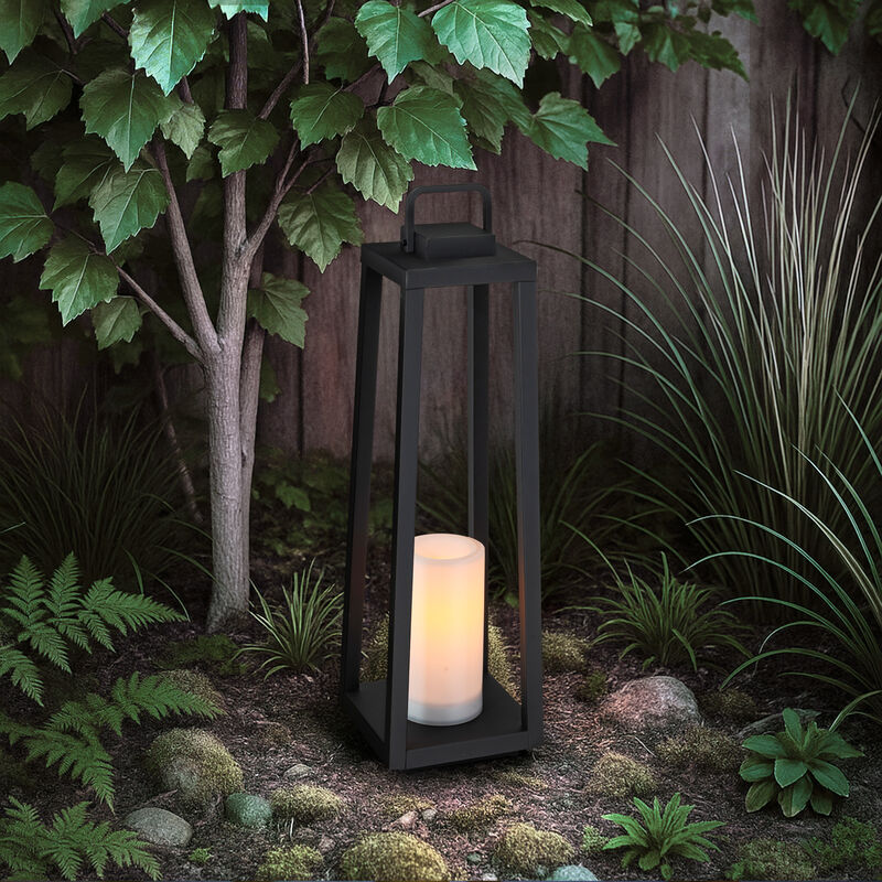 1 Light H24" Modern Matte Black Solar Lantern with Candle Shape Large Outdoor Light Decorative Portable Hanging LED Lights for Patio Camping image number 3
