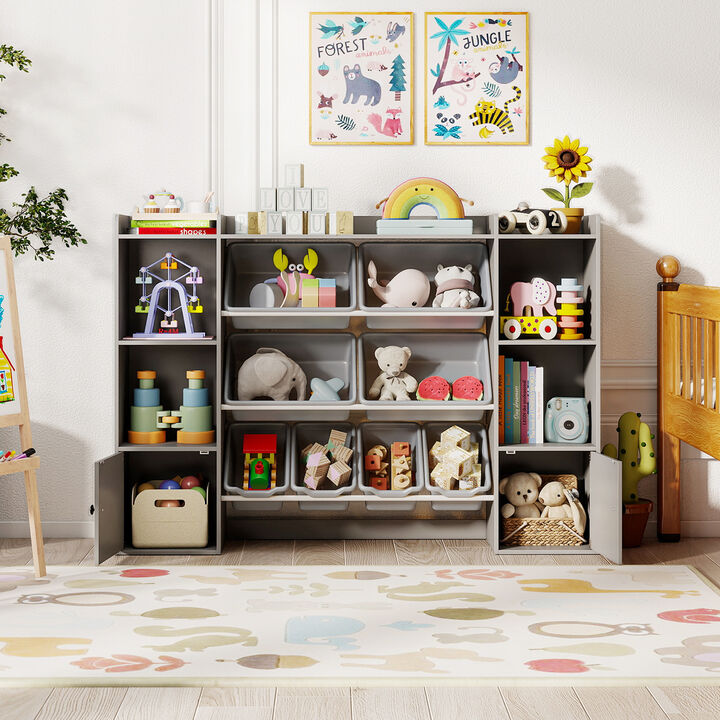 Kids Bookshelf and Toy Organizer with Storage Boxes and Open Shelves
