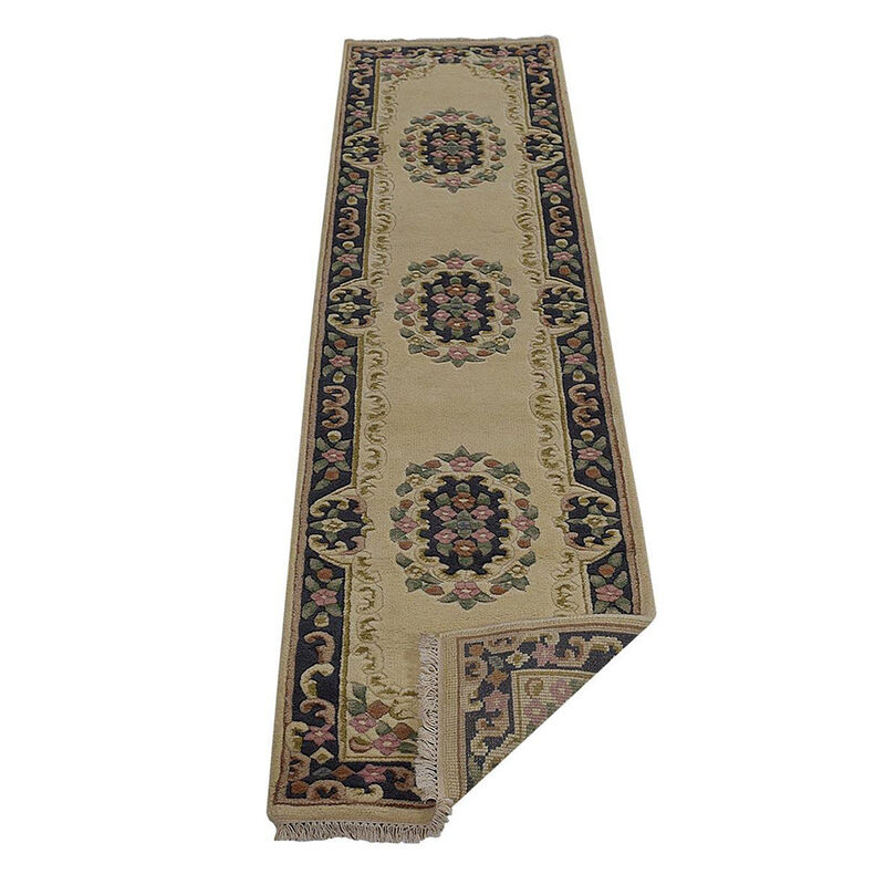 Rugsotic Carpets Hand Knotted Aras Wool 2'6''x10' Runner Area Rug Oriental Ivory Blue AR0101