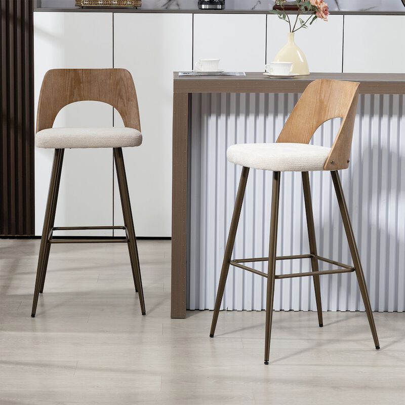 Glamour Home Set of 2 Beige Washed Boucle Fabric Bar Stool White Washed Wood Back