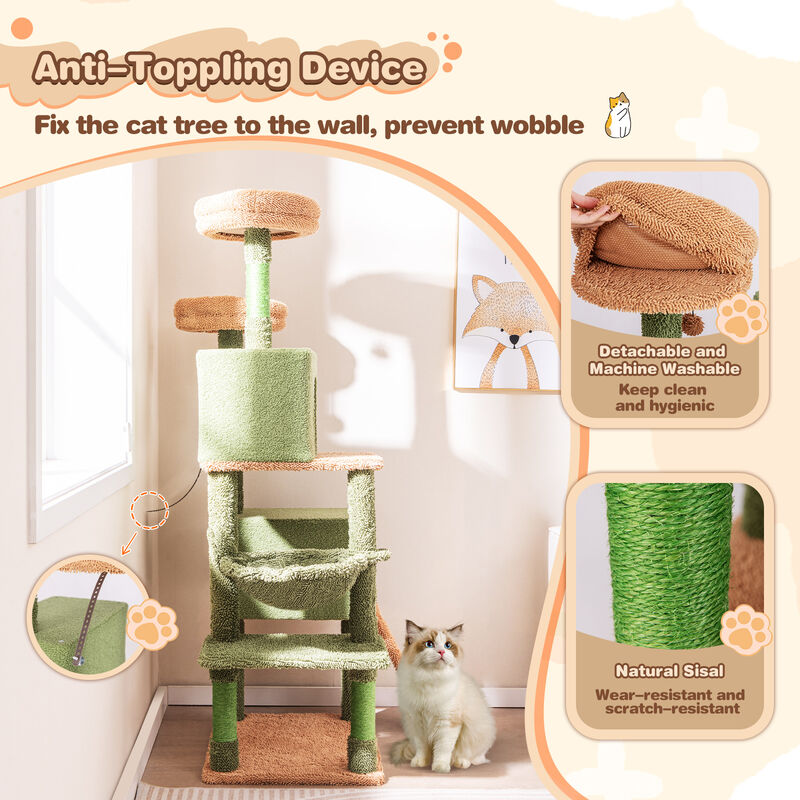 Multi-Level Cactus Cat Tree with Scratching Posts, Ladder, Double Condos, Toys, and Cozy Bed