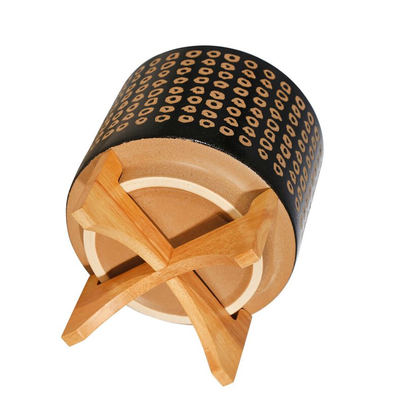 Planter with Wooden Stand and Abstract Design, Large, Black - Benzara