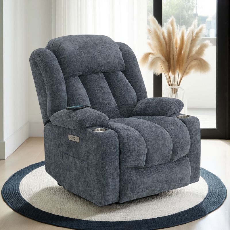 Mario Power Recliner Chair with Lift, Heating, Massage, Blue Velvet - Benzara