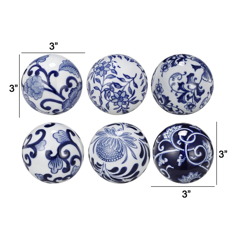 4 Inch Decorative Ball Set of 6 Orbs, Blue And White Printed Porcelain - Benzara